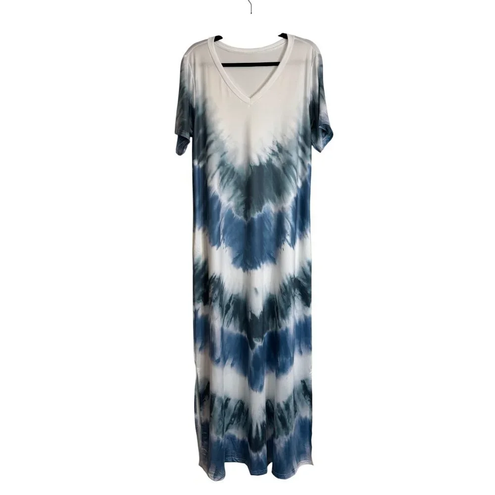 Boho M Tie-Dye Blue Beach Swim Coverup Maxi Dress V-Neck Short Sleeve Blue/White